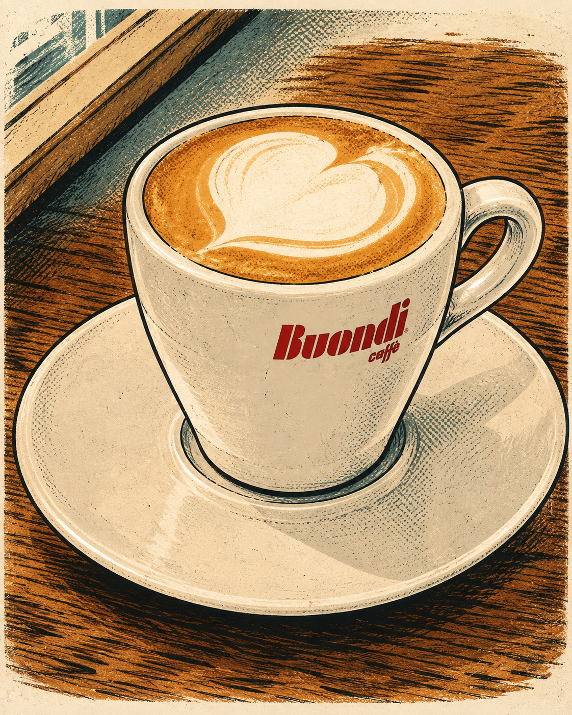 Illustrated cappuccino with heart-shaped latte art in a Buondi cup, on a wooden café table.