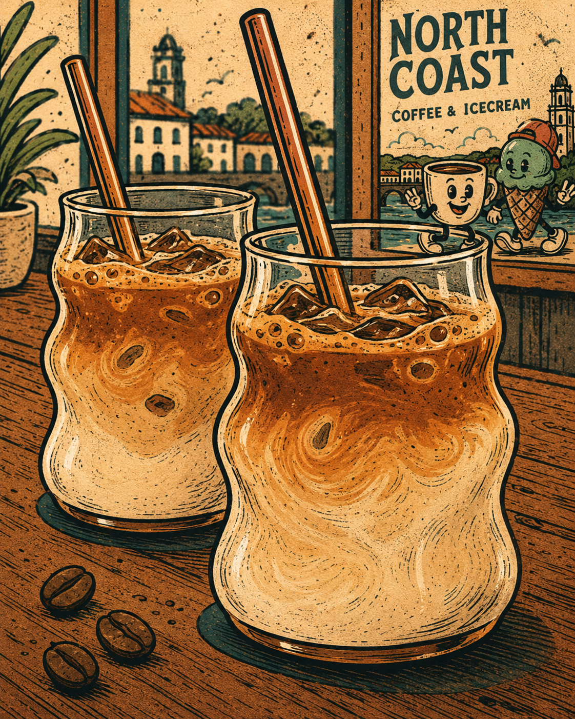 Illustrated pair of iced coffees on a café table, North Coast's mascots waving in the window behind them.
