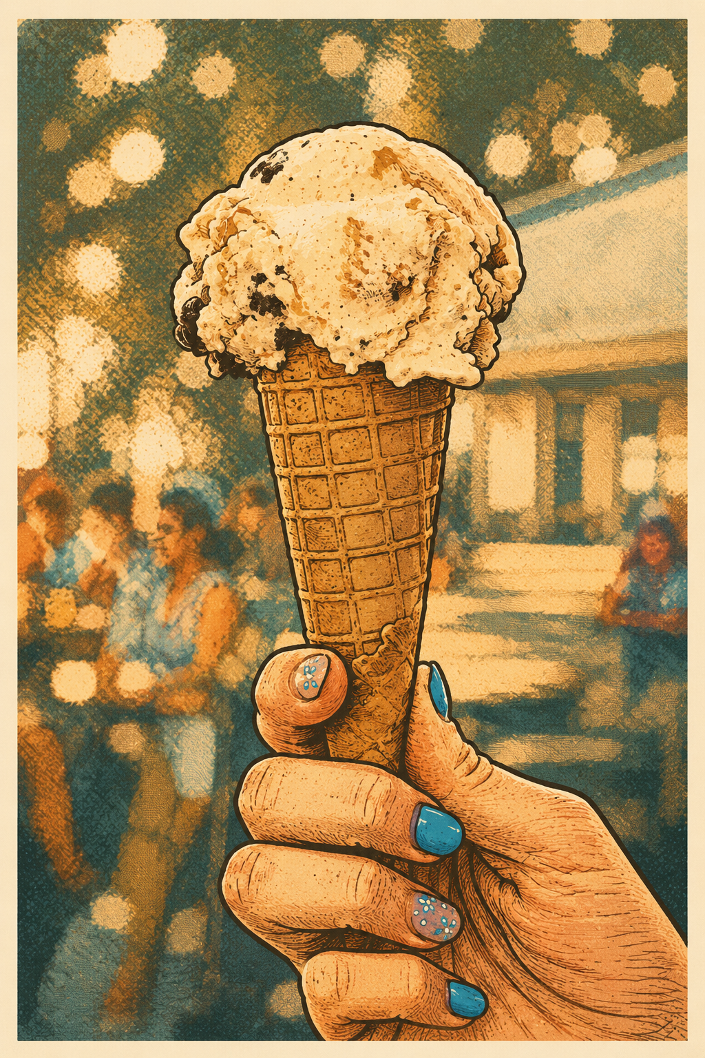 Illustrated hand holding a scoop of ice cream in a waffle cone, string lights glowing behind.