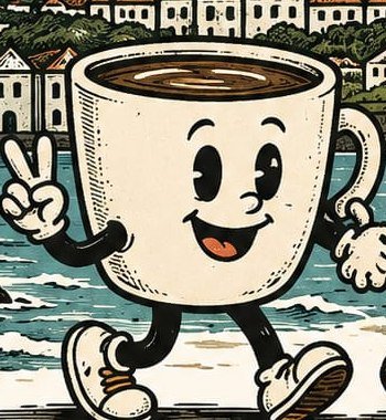 North Coast's cartoon coffee cup mascot, waving with a peace sign, Ribeira Grande in the background.