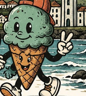 North Coast's cartoon mint ice cream cone mascot wearing an orange cap, giving a peace sign, with Ribeira Grande behind it.