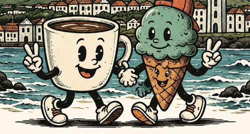 The North Coast coffee cup and ice cream cone mascots walking together along the Ribeira Grande waterfront.