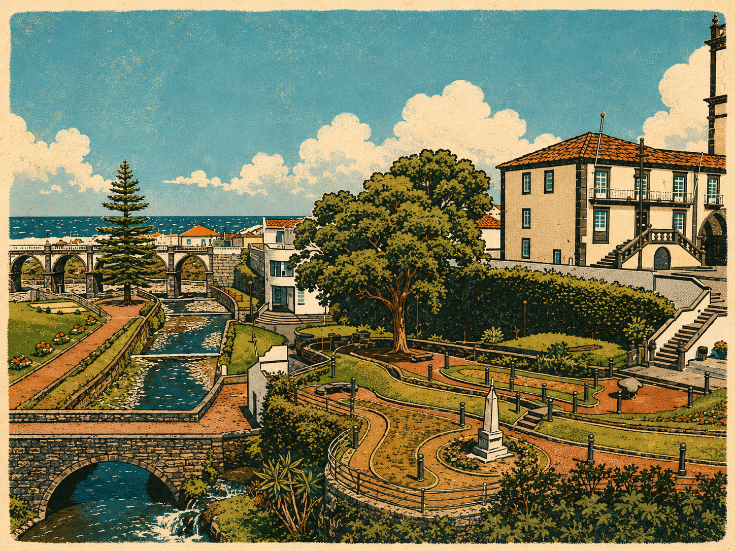 Illustrated view of Ribeira Grande's riverside gardens, stone bridge, and clock tower.