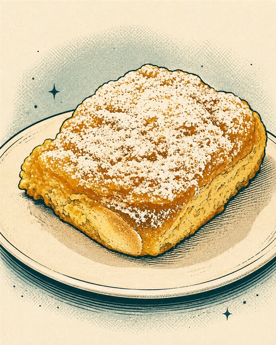 Illustrated square pastry dusted with powdered sugar, served on a plate.
