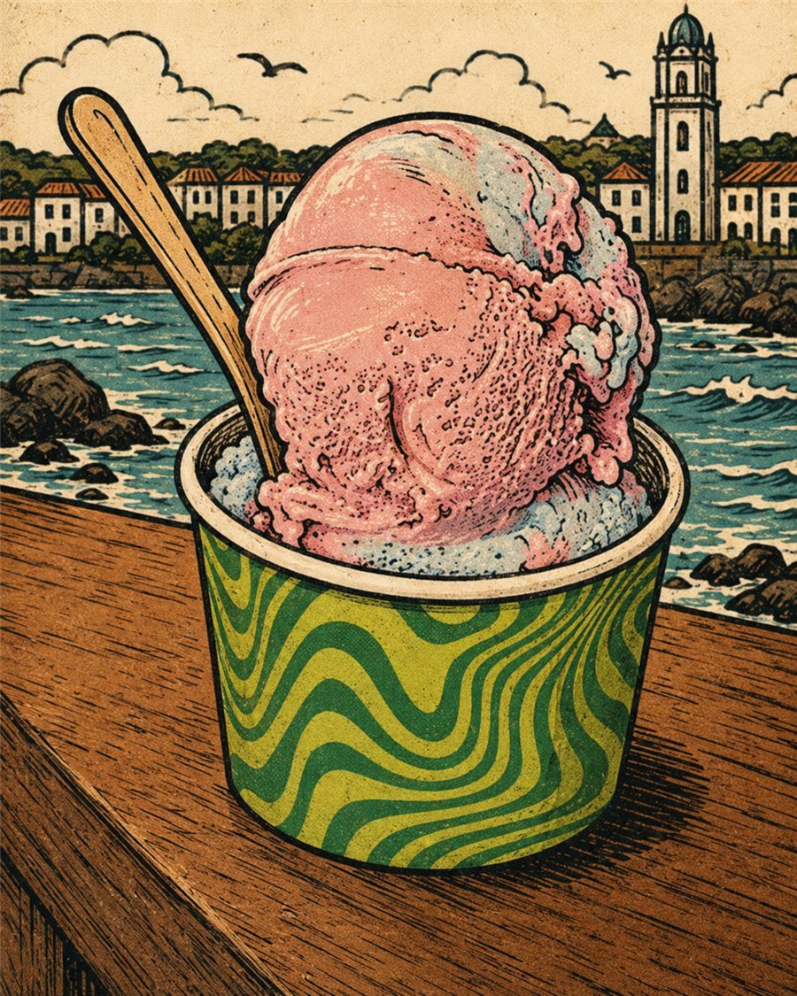 Illustrated cup of strawberry-swirl ice cream with a wooden spoon, Ribeira Grande's waterfront and tower behind it.