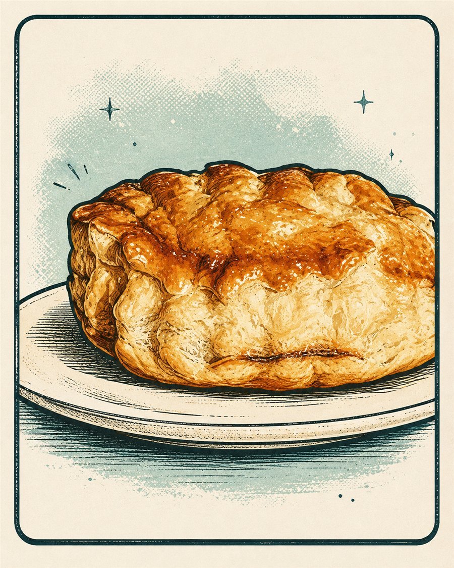 Illustrated golden, glazed pastry roll on a plate.