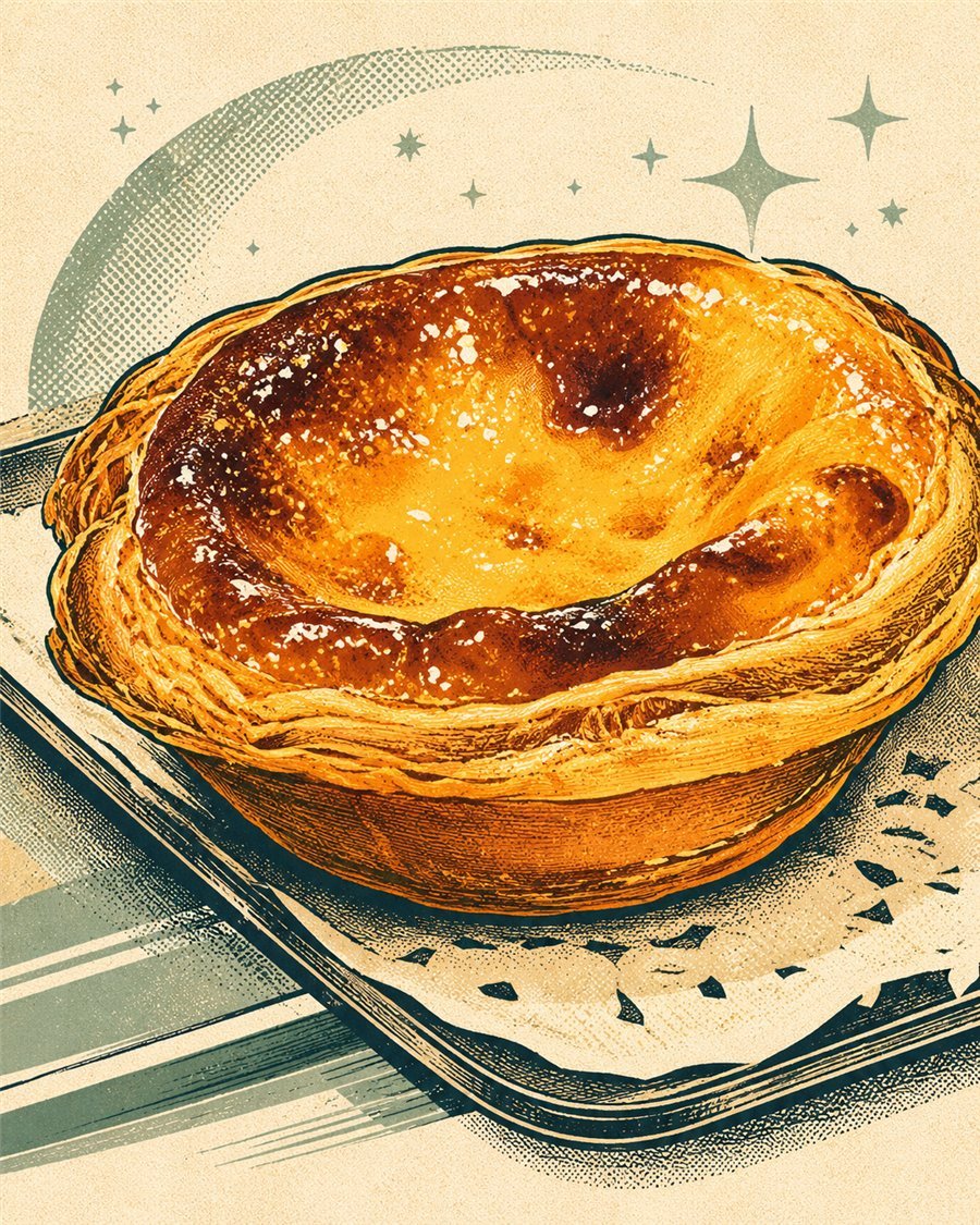 Illustrated pastel de nata custard tart with a caramelized top.